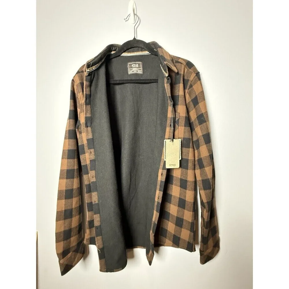Nomad Cozy Thermal Lined Flannel Mens Medium Brown Black Shirt Shacket Button Up